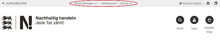 Ein Sreenshot des Headers zeigt die ersten beiden Navigationszeilen. Rot umrandet sind die Links zu Veranstaltungen, Wettbewerbe und Service.