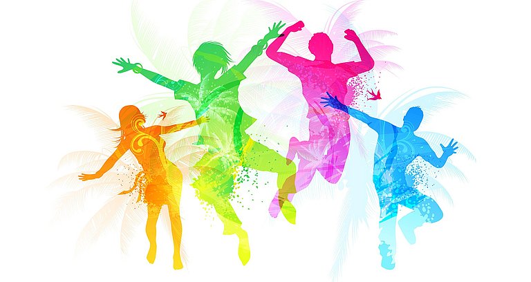 Grafik, die vier Silhouetten junger Erwachsener beim Luftsprung zeigen.