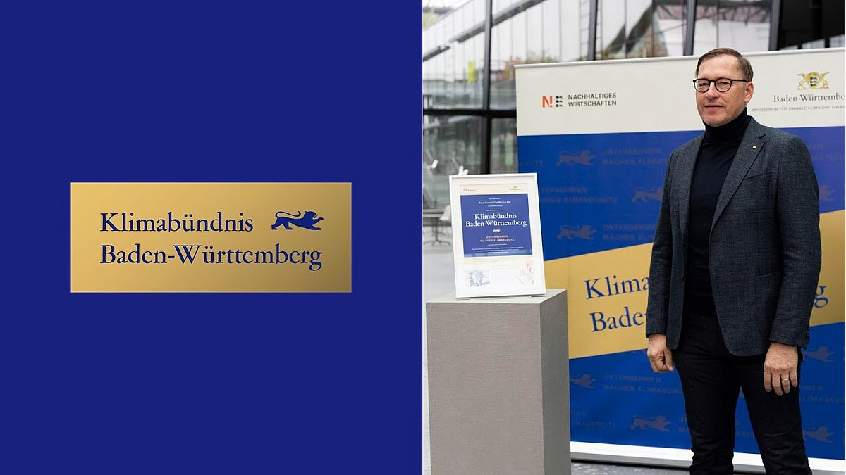 Links das Logo in gold und blau "Klimabündnis Baden-Württemberg, Unternehmen machen Klimaschutz" und die Aufschrift Franz Simmler. 