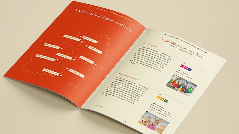Eine aufgeschlagene Seite aus der Broschüre gibt einen Einblick in den Whole School Approach an Schulen und einem Beispiel aus der Praxis.