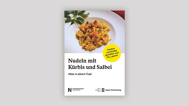 Titelseite der Rezept-Postkarte Nudeln mit Kürbis.