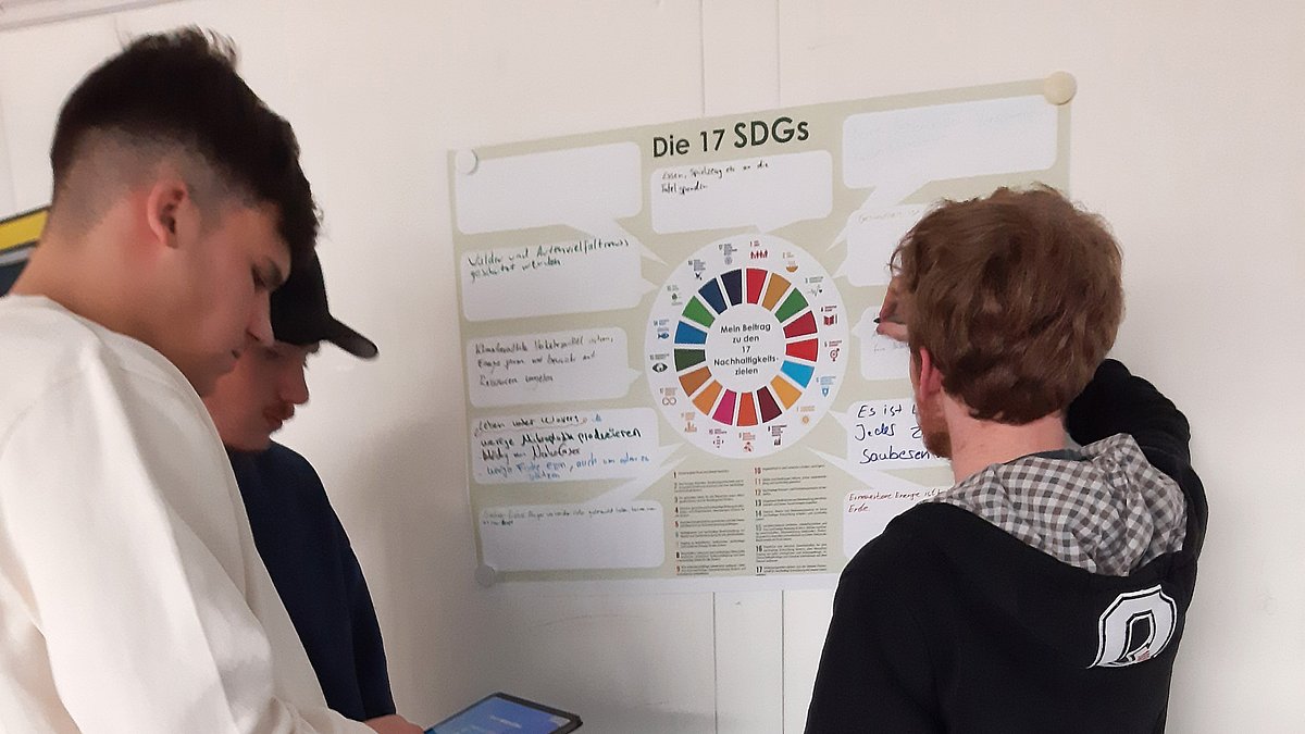 Jugendliche tragen ihre Ergebnisse auf einem Plakat zusammen.