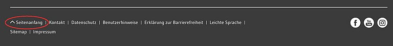 Ein Sreenshot zeigt das Navigationselemente im Footer, mit dem man zu besonderen Seiten wie Kontakt, Impressum, Datenschutz, Navigationshinweise und Hinweise zur Barrierefreiheit sowie zur leichter Sprache gelangen kann.