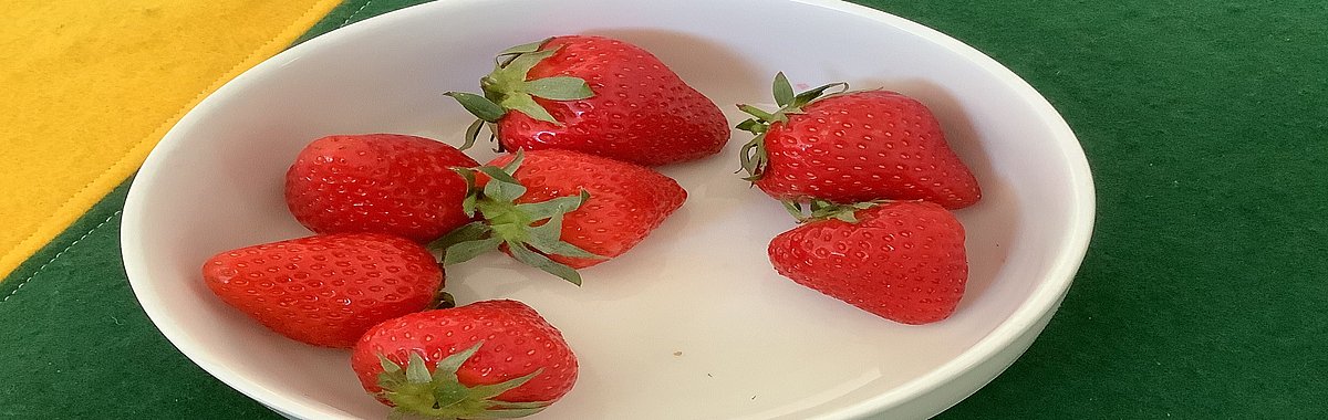 Wir besprechen, welches Obst regional und saisonal ist und welche Sorten per Flugzeug zu uns nach Deutschland transportiert werden. Danach lassen wir uns Erdbeeren schmecken.