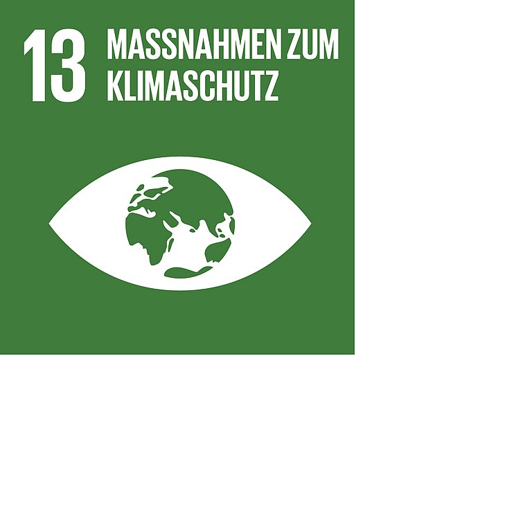 Icon für SDG 13 Maßnahmen zum Klimaschutz, dargestellt wird ein Auge mit einer Weltkugel als Pupille auf dunkelgrünem Hintergrund.