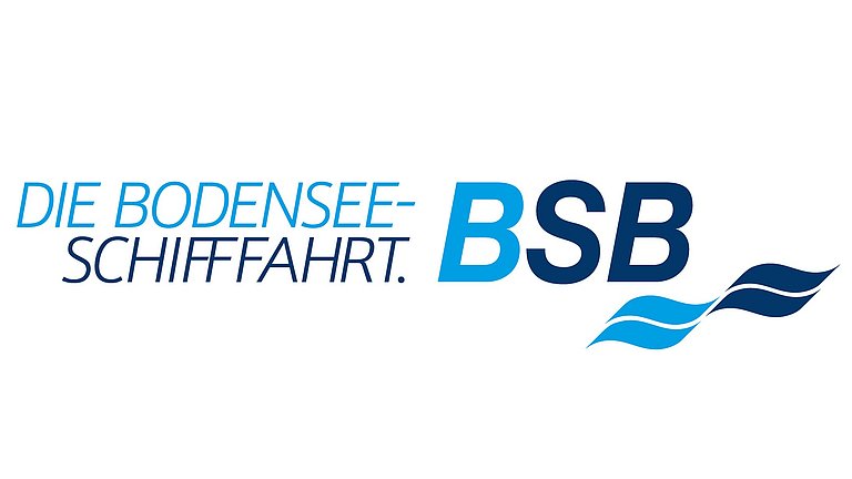 Das Logo der Bodensee-Schiffsbetriebe GmbH mit Schriftzug Bodensee-Schiffsffahrt den Buchstaben BSB und zwei Wellen.