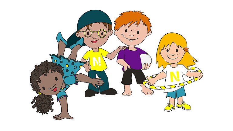 Ein Illustration mit vier kleinen Helden, zwei Mädchen und zwei Jungen.