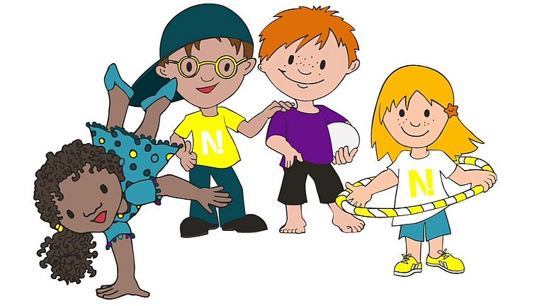 Ein Illustration mit vier kleinen Helden, zwei Mädchen und zwei Jungen.