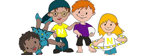 Ein Illustration mit vier kleinen Helden, zwei Mädchen und zwei Jungen.