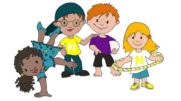 Ein Illustration mit vier kleinen Helden, zwei Mädchen und zwei Jungen.