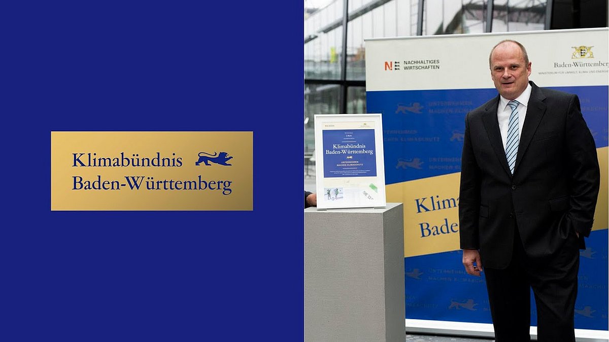 Links das Logo in gold und blau "Klimabündnis Baden-Württemberg, Unternehmen machen Klimaschutz". Rechts ein Unternehmensvertreter der Landeskreditbank.