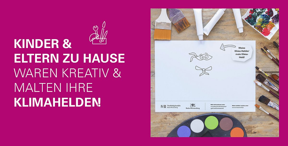Eltern und Kinder zu Hause waren kreativ & malten ihre Klimahelden. Rechts auf dem Bild ist die Malvorlage zu sehen.