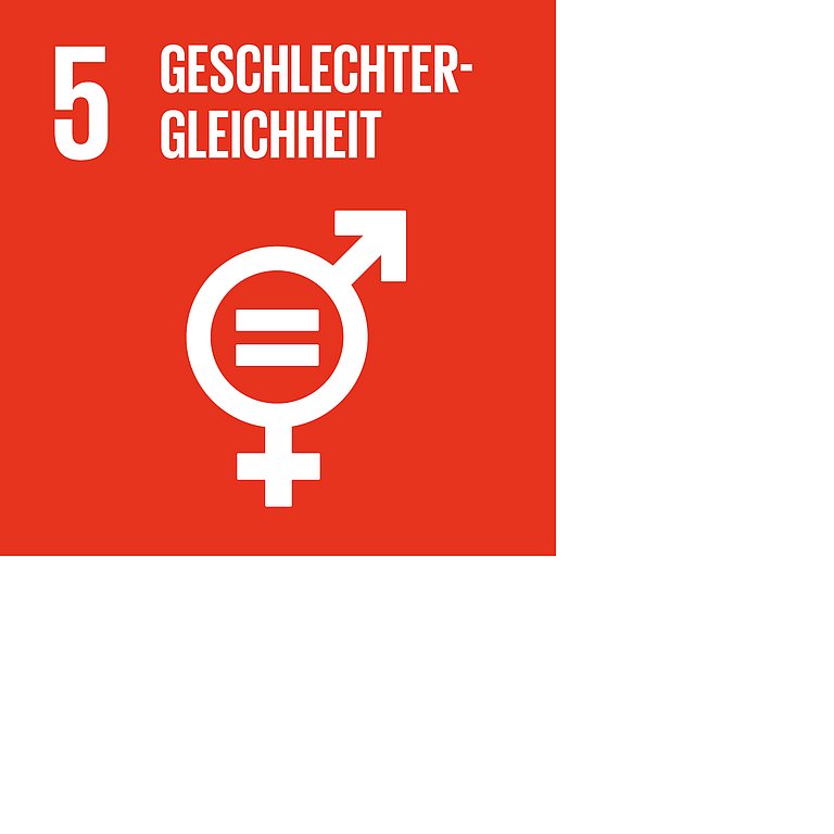 Icon für SDG 5 Geschlechtergleichheit, dargestellt wird ein Gendersymboleine  als Kombination aus Venus- und Marssymbol auf hellrotem Hintergrund.