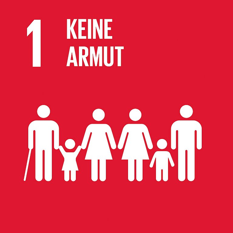 Icon für SDG 1 Kein Hunger. Abgebildet werden jeweils 2 Großeltern, Eltern und Kinder.