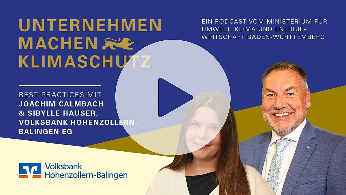 Podcast-Cover mit Bild von Unternehmensvertretern der Volksbank Hohenzollern, darüber ein transparentes Play-Zeichen.