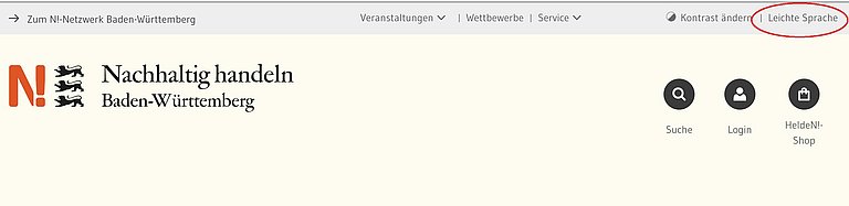 Ein Sreenshot des Headers zeigt die ersten beiden Navigationszeilen. Rot umrandet ist der Link zur Leichten Sprache..