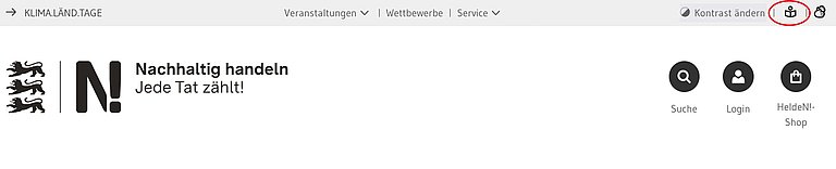 Ein Sreenshot des Headers zeigt die ersten beiden Navigationszeilen. Rot umrandet ist der Link zur Leichten Sprache..