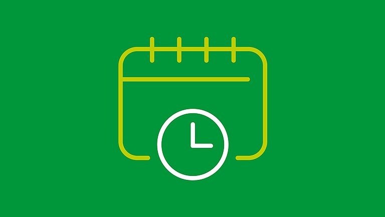 Eine Illustration mit einem Kalender und einer Uhr auf dunkelgrünem Hintergrund.