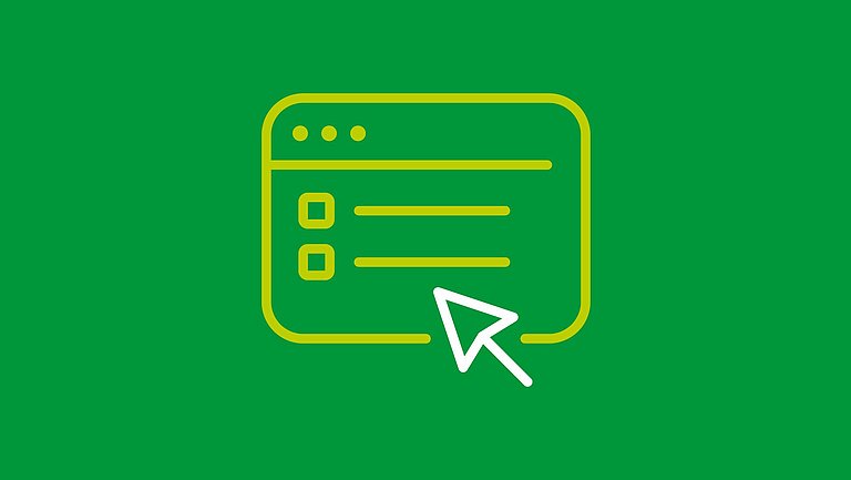 Eine Illustration mit einem stilisierten Internetanwendung und Mauszeiger auf dunkelgrünem Hintergrund.