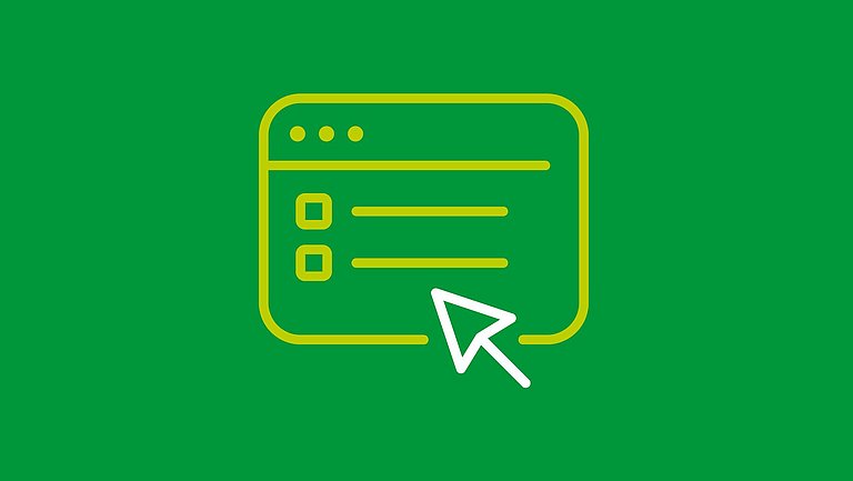 Eine Illustration mit einem stilisierten Internetanwendung und Mauszeiger auf dunkelgrünem Hintergrund.