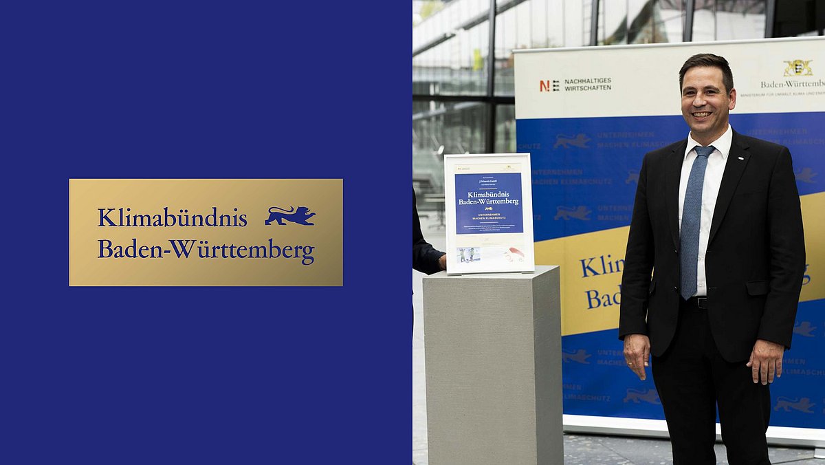 Links das Logo in gold und blau "Klimabündnis Baden-Württemberg, Unternehmen machen Klimaschutz". Rechts ein Unternehmensvertreter von J. Schmalz GmbH.