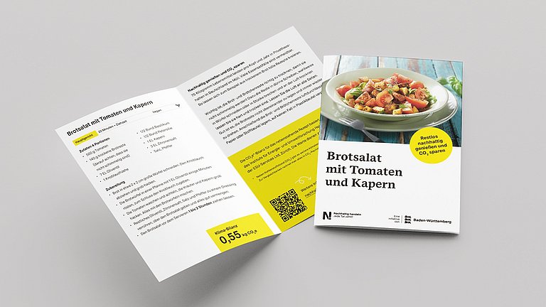 Die Titelseite und die aufgeschlagenen Innenseiten der Rezeptpostkarte Salat mit Erbeeren uns Spargel liegen auf einem grünen Hintergrund.