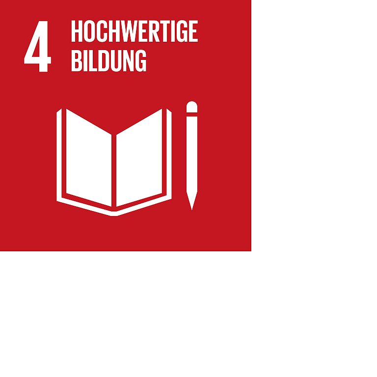 Icon für SDG 4 hochwertige Bildung, dargestellt wird ein aufgeschlagenes Heft mit Stift und auf rotem Hintergrund.