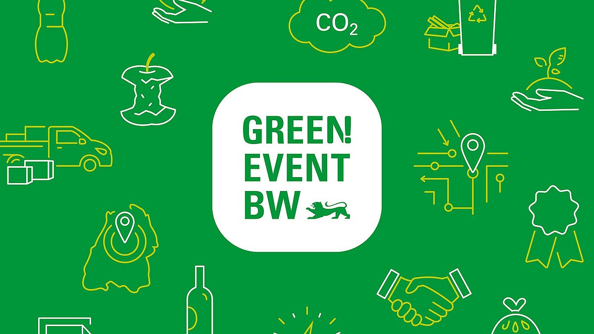 Grüner Hintergrund mit einer Grafik aus weißen, roten und gelben Linien, die Menschen bei einer Veranstaltung zeigen. Auf der rechten Seite ist das Green Event Logo auf weißem Hintergrund zu sehen.