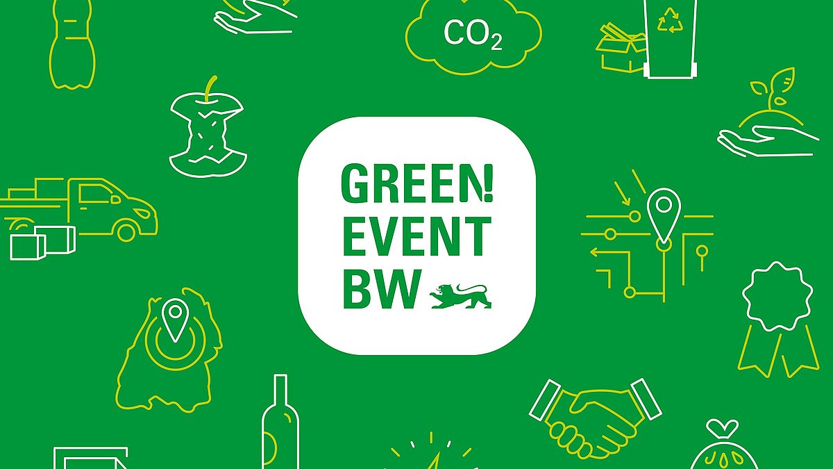Grüner Hintergrund mit einer Grafik aus weißen, roten und gelben Linien, die Menschen bei einer Veranstaltung zeigen. Auf der rechten Seite ist das Green Event Logo auf weißem Hintergrund zu sehen.