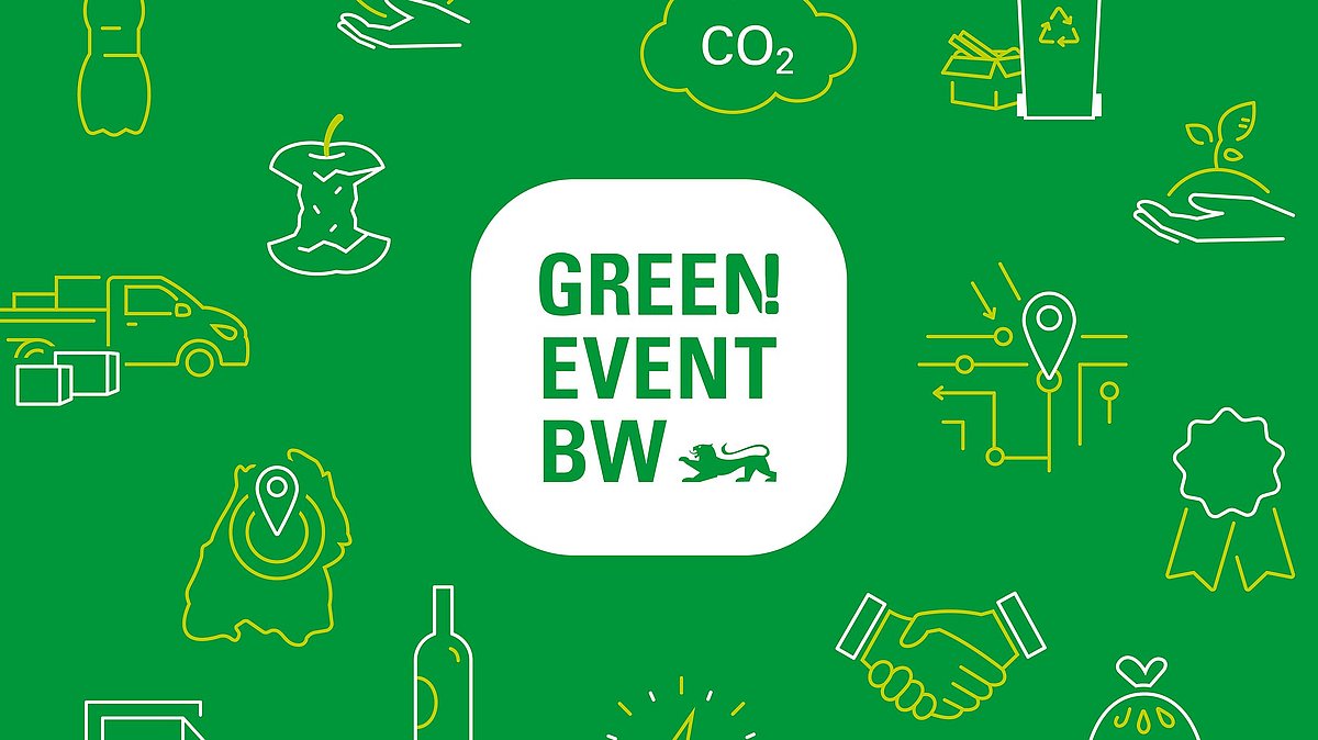 Grüner Hintergrund mit einer Grafik aus weißen, roten und gelben Linien, die Menschen bei einer Veranstaltung zeigen. Auf der rechten Seite ist das Green Event Logo auf weißem Hintergrund zu sehen.