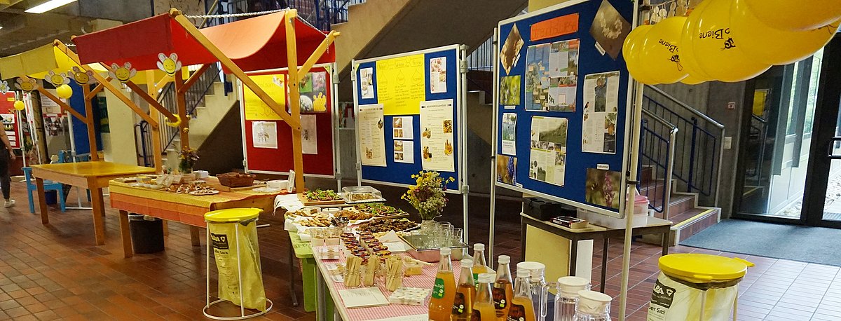 Informationsstände zum Bienenaktionstag im Eingang der Laura-Schradin-Schule.