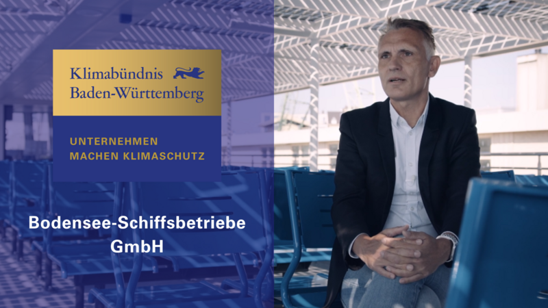 Links das Logo in gold und blau "Klimabündnis Baden-Württemberg, Unternehmen machen Klimaschutz" und die Aufschrift Bodensee-Schiffsbetriebe GmbH. 