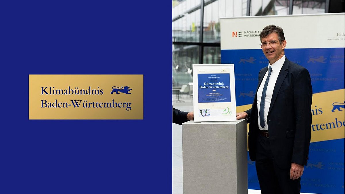 Links das Logo in gold und blau "Klimabündnis Baden-Württemberg, Unternehmen machen Klimaschutz". Rechts ein Unternehmensvertreter von Lorenz.