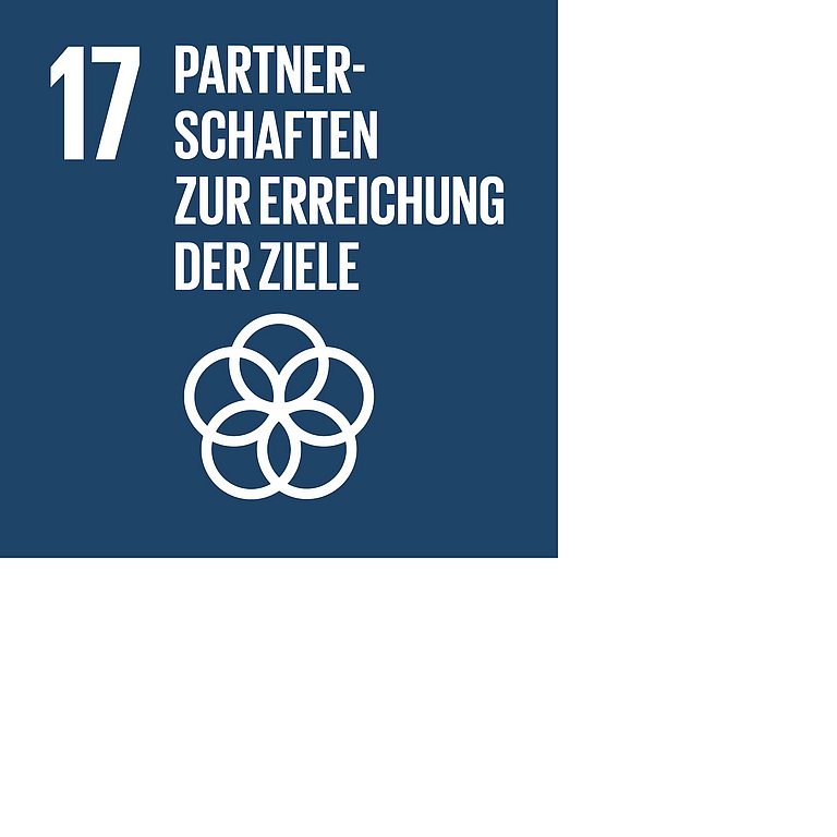 Icon für SDG 17 – Partnerschaften, dargestellt werden fünf ineinandergeschlungene Kreise auf dunkelblauem Hintergrund.