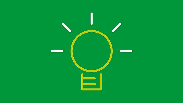 Eine Illustration mit einer leuchtenden Glühbirne auf dunkelgrünem Hintergrund.