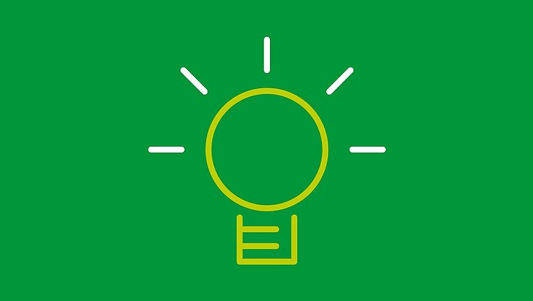 Eine Illustration mit einer leuchtenden Glühbirne auf dunkelgrünem Hintergrund.