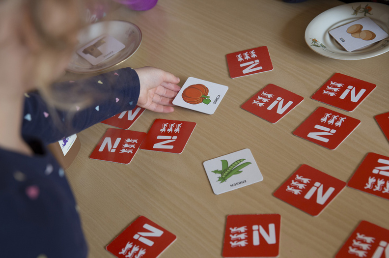 Nahaufnahme des Kartenspiels mit Gemüse-Motiven