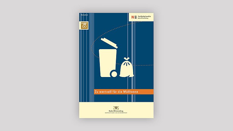 Titelseite des Themenheftes "Zu wertvoll für die Mülltonne" mit den Piktogrammen Mülltonne und Müllsack.