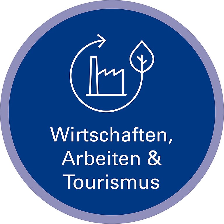 Icon zu Handlungsfeld: Wirtschaften, Arbeiten & Tourismus. Die Grafik zeigt als Strichzeichnung ein Fabrikgebäude mit großem Schornstein. Um das Fabrikgebäude liegt ein offener Kreis. An einem des offenen Kreises Ende befindet sich ein Pfeil, am anderen Ende des Kreises ein Laubbaum-Blatt. Das Pikogramm symbolisiert nachhaltiges Wirtschaften und Kreislaufwirtschaft.