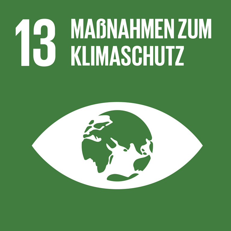 SDG 13 – Maßnahmen zum Klimaschutz Icon für SDG 13 Maßnahmen zum Klimaschutz, dargestellt wird ein Auge mit einer Weltkugel als Pupille auf dunkelgrünem Hintergrund.