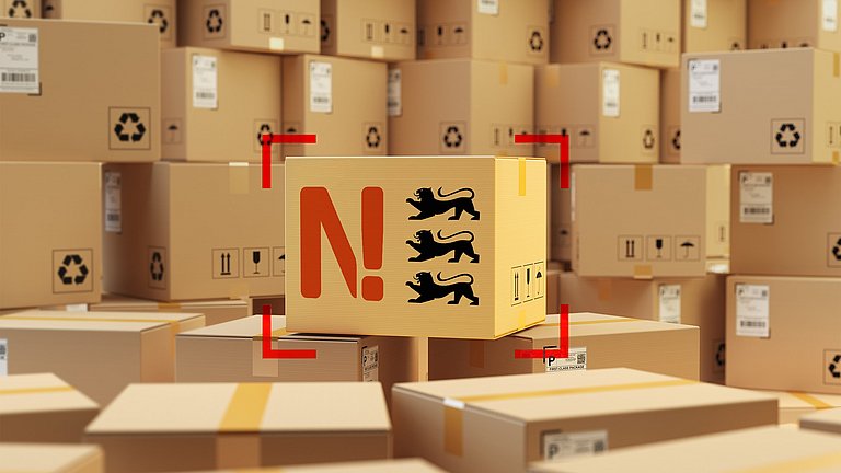 Viele Versandpakete sind übereinandergestapelt. In der Mitte steht ein Paket mit dem Logo der Nachhaltigkeitsstrategie Baden-Württemberg.