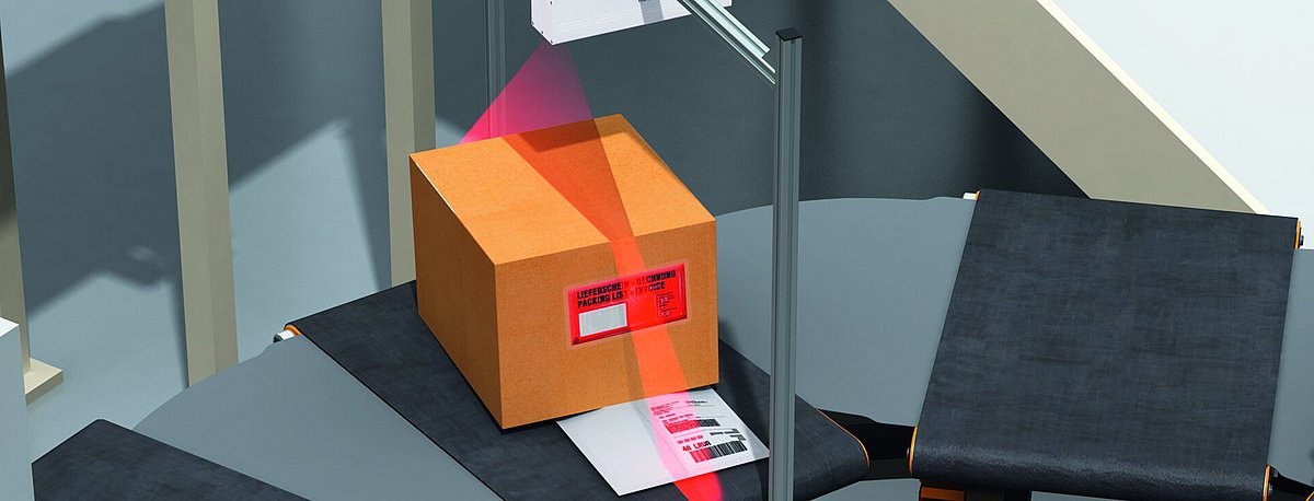 Grafisch dargestellt wird die Sensortechnik von SICK beim Scanvorgang eines Pakets.