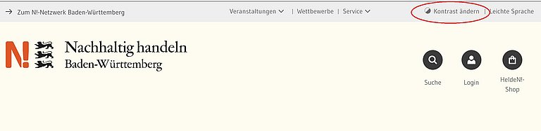 Ein Sreenshot des Headers zeigt die ersten beiden Navigationszeilen. Rot umrandet ist der Link zum Kontrastschalter.