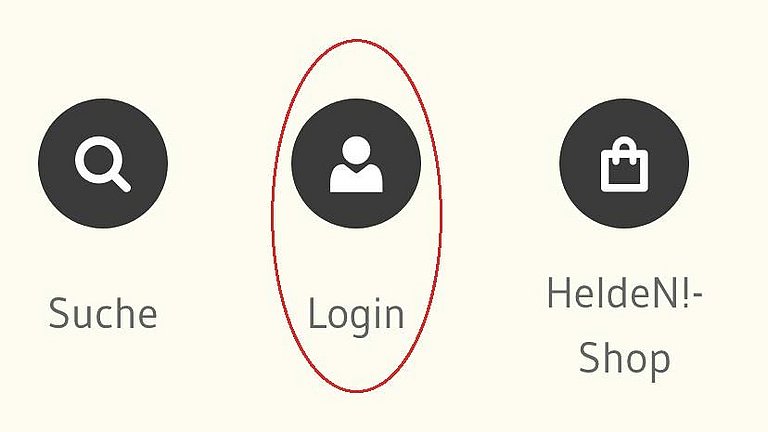 Ein Sreenshot zeigt aus aus dem Header einen Detail zu den Naviagtionspunkten Suche, Login und Helden-Shop. Umrandet ist der Link "Login". 