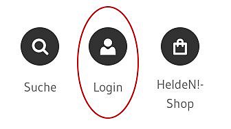 Ein Sreenshot zeigt aus aus dem Header einen Detail zu den Naviagtionspunkten Suche, Login und Helden-Shop. Umrandet ist der Link "Login". 