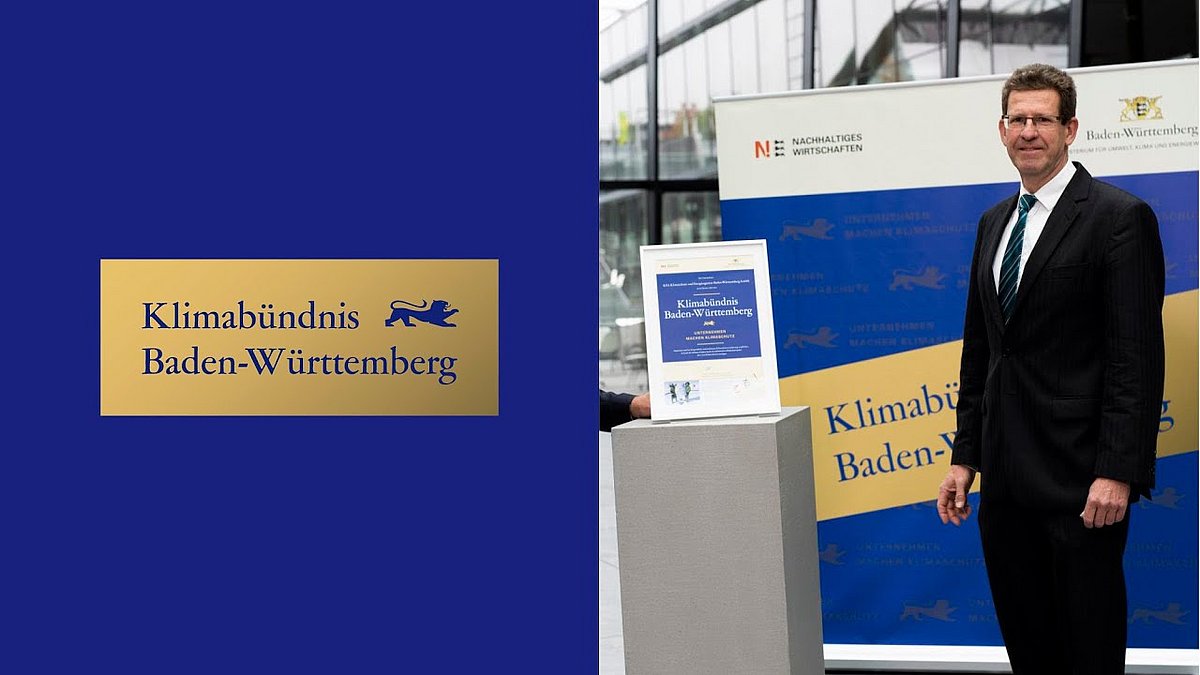 Links das Logo in gold und blau "Klimabündnis Baden-Württemberg, Unternehmen machen Klimaschutz". Rechts ein Unternehmensvertreter der KEA Klimaschutz- und Energieagentur Baden-Württemberg GmbH.