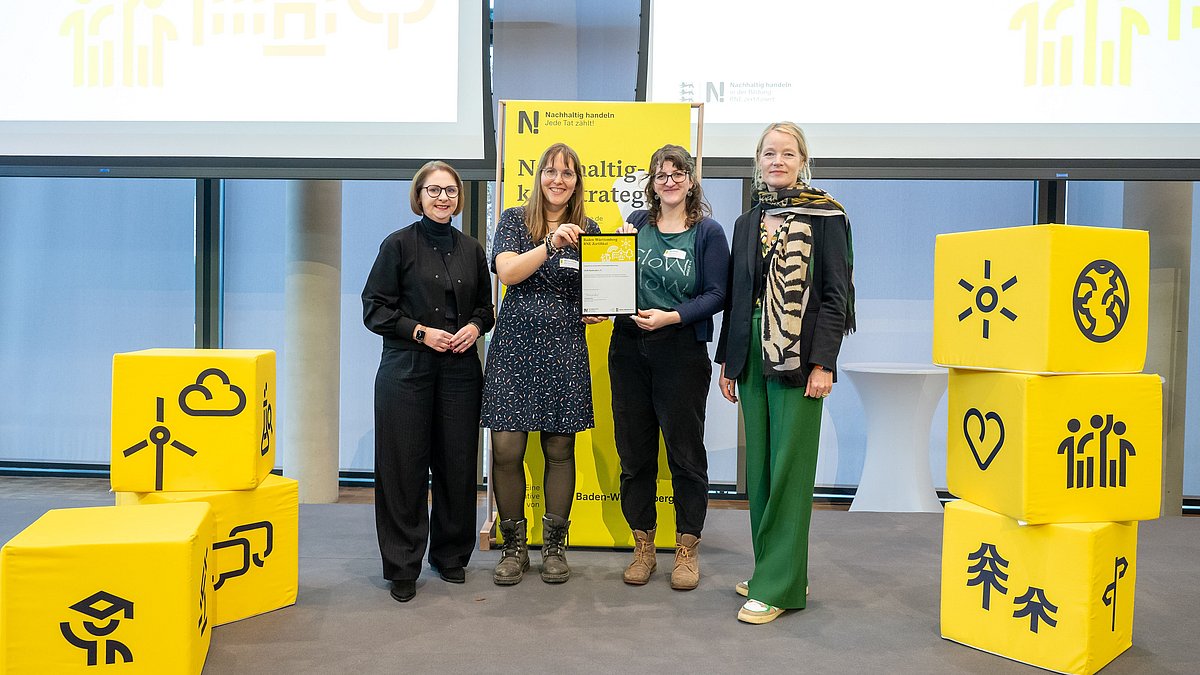 Vertretende von GloW Karlsruhe e. V. mit Umweltministerin Thekla Walker und Kultusstaatssekretärin Sandra Boser bei der Übergabe der BNE-Zertifizierung.