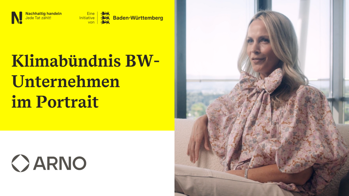 Links Logo „Klimabündnis BW Unternehmen im Portrait" und Logo von Arno. Rechts eine Unternehmensvertreterin der Arno GmbH.
