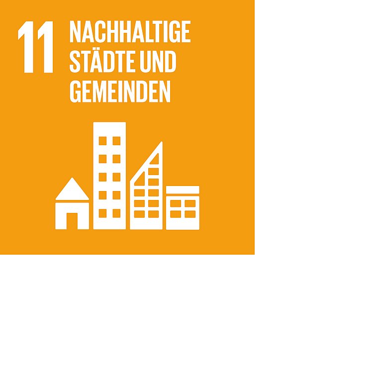 Icon für SDG 11 Nachhaltige Städte und Gemeinden, dargestellt werden vier Stadthäuser auf orangefarbenem Hintergrund.