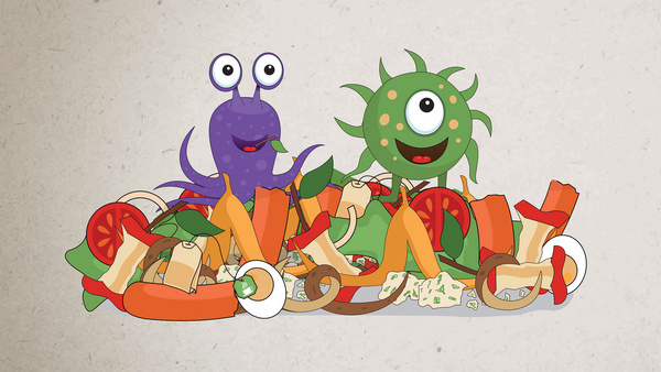 Eine Illustration zeigt die Bakterien Blubsi und Pupsi auf einem Haufen von Gemüseabfällen.